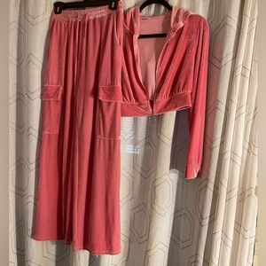 Women’s 2pc M Pink Velour Pant/Jacket Cargo Flare Leg Zip Top Drawstring Pants